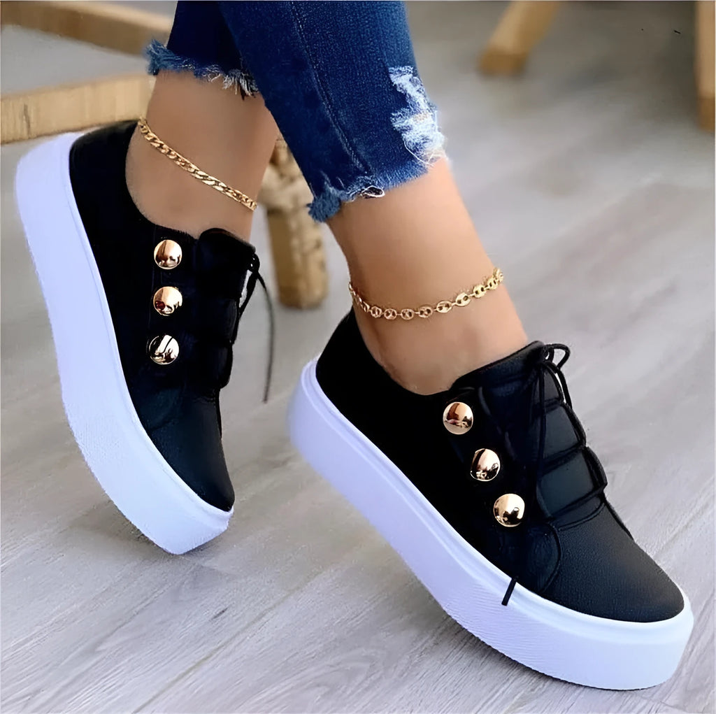 Women's white lace-up flats sneakers with decorative metal rivets on round toe casual shoes