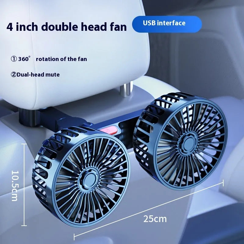 Double-headed rear car fan with USB interface, ABS material, 360° rotation, 4 or 5 inch options