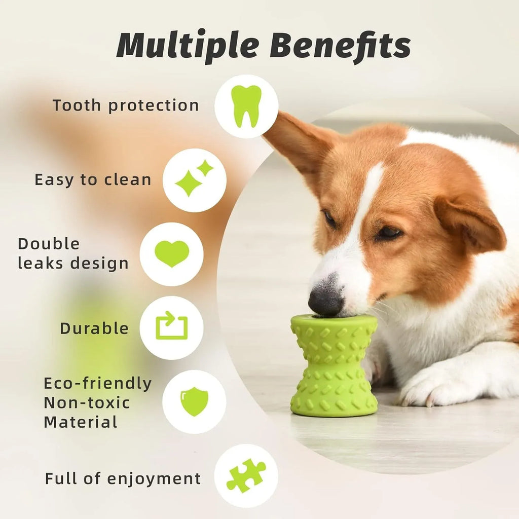 Interactive bone-shaped dog toy with treat dispensing holes in blue, green and purple colours