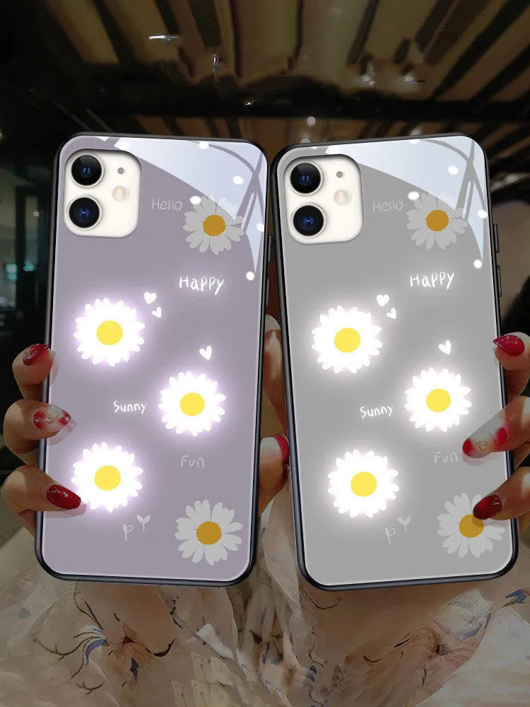 Voice-activated luminous iPhone case with painted daisy designs in TPU protective shell