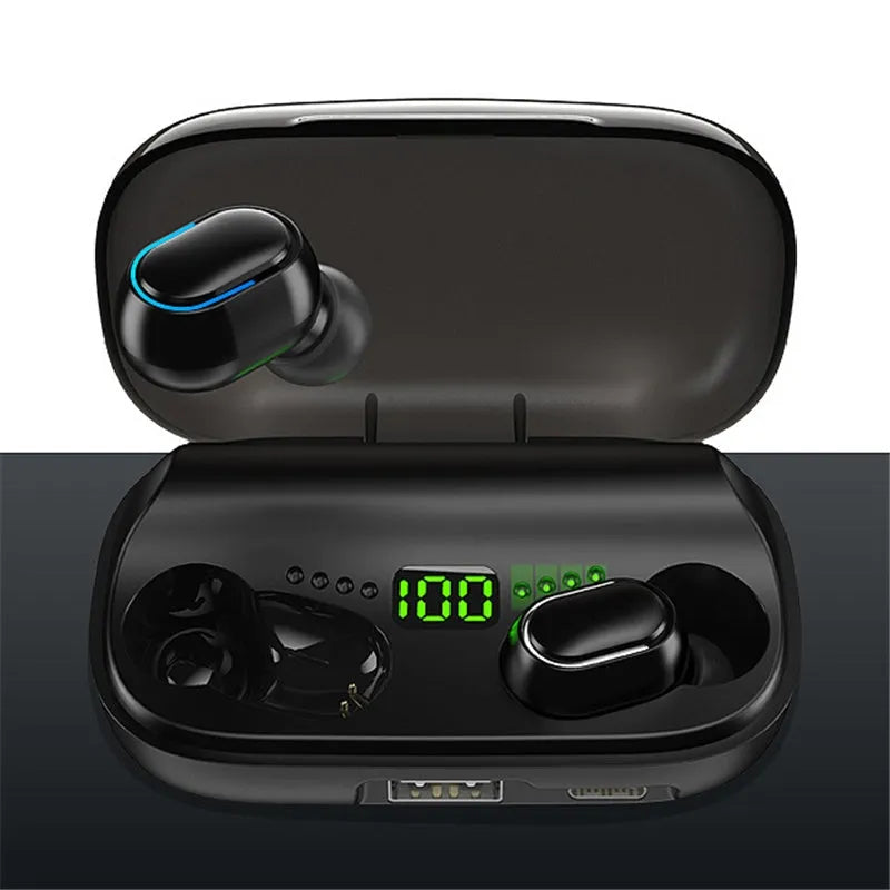 TWS digital display XT01 Bluetooth earphones with charging case showing white and blue indicator lights