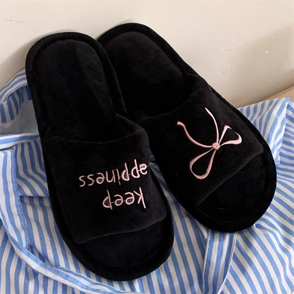Ladies cotton slippers with letter pattern, bow, suede upper and flat non-slip PVC sole in beige yellow, pink or black