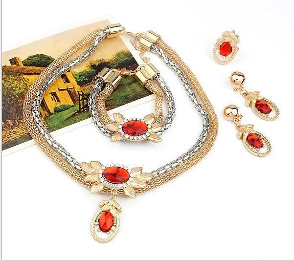 Bridal alloy four piece double colour crystal flower necklace earrings bracelet ring set model 9132