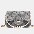 Lingge pearl bag cloth shoulder messenger bag with lock closure and geometric pattern in grey