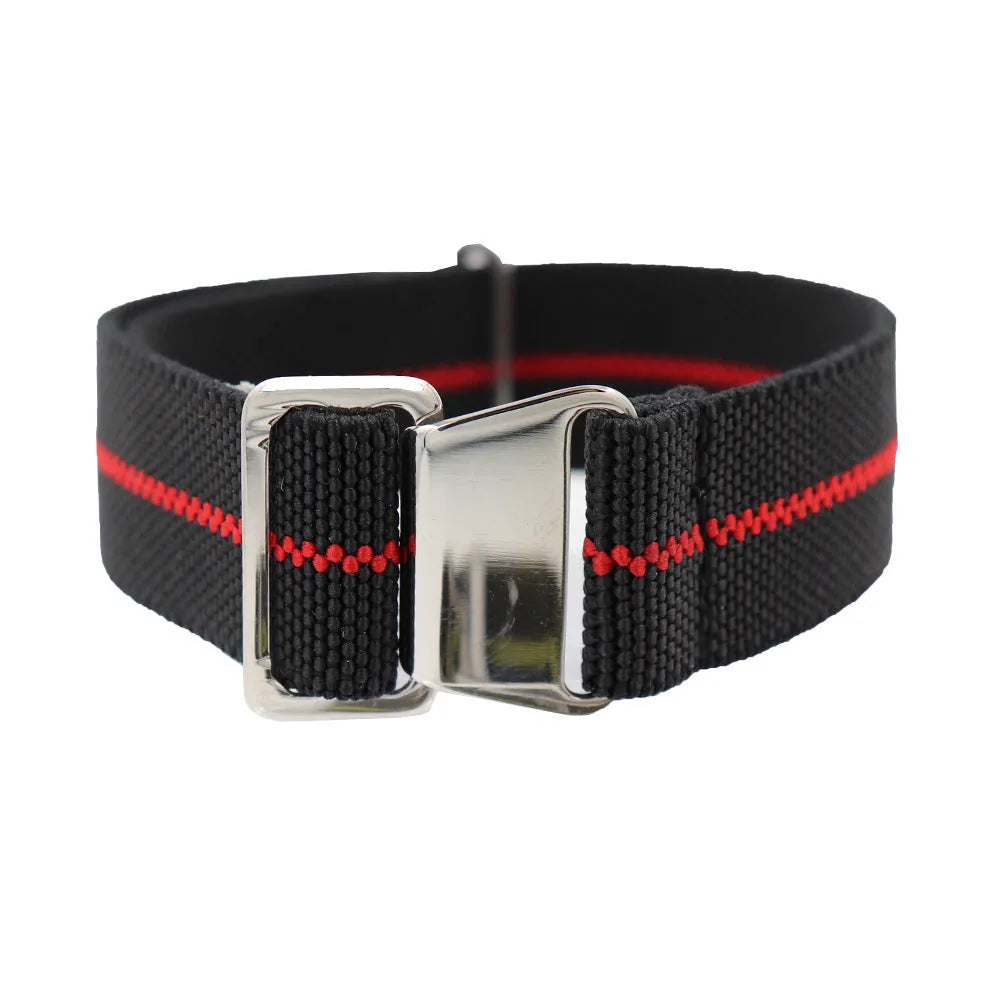 Fineknit elastic quick-drying nylon men's watchband in 22mm black red colour with black button closure