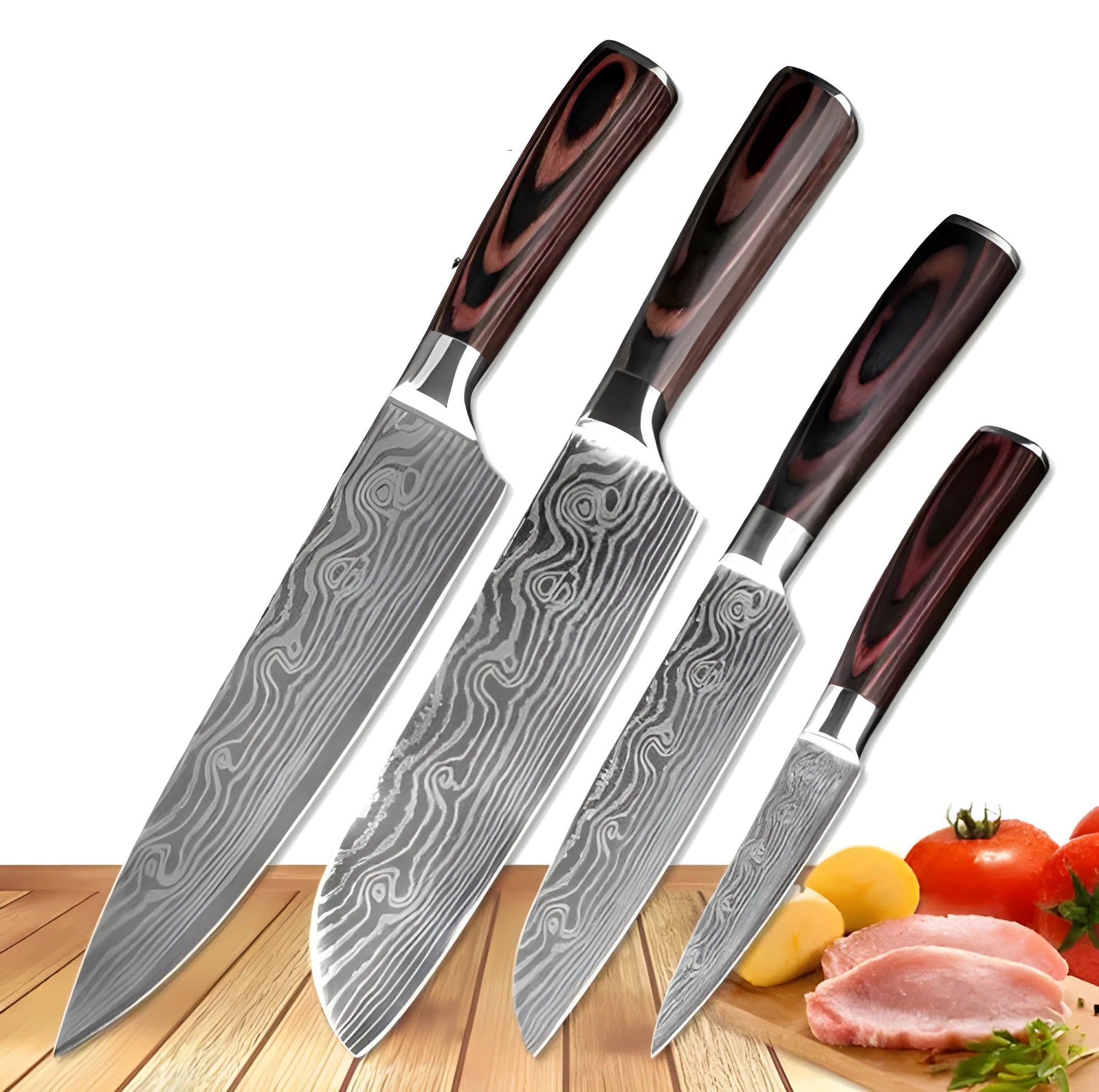 7Cr17 stainless steel chef knife with 18cm blade, laser Damascus pattern, and coloured wood handle