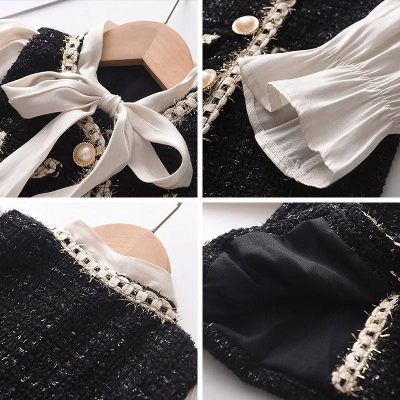 Children's black princess dress with long sleeves and stitching design on polyester fabric