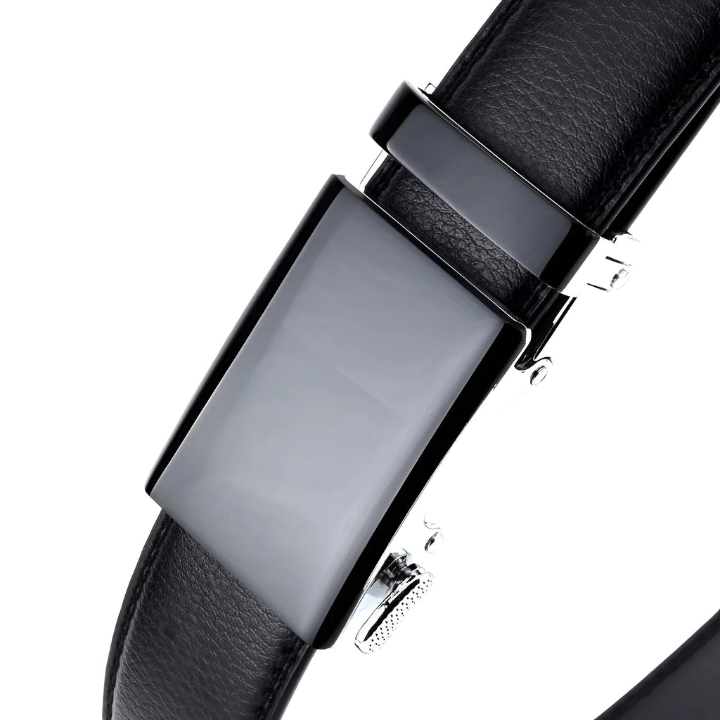 Men's cowhide automatic buckle business belt in black on a neutral background showing the buckle.