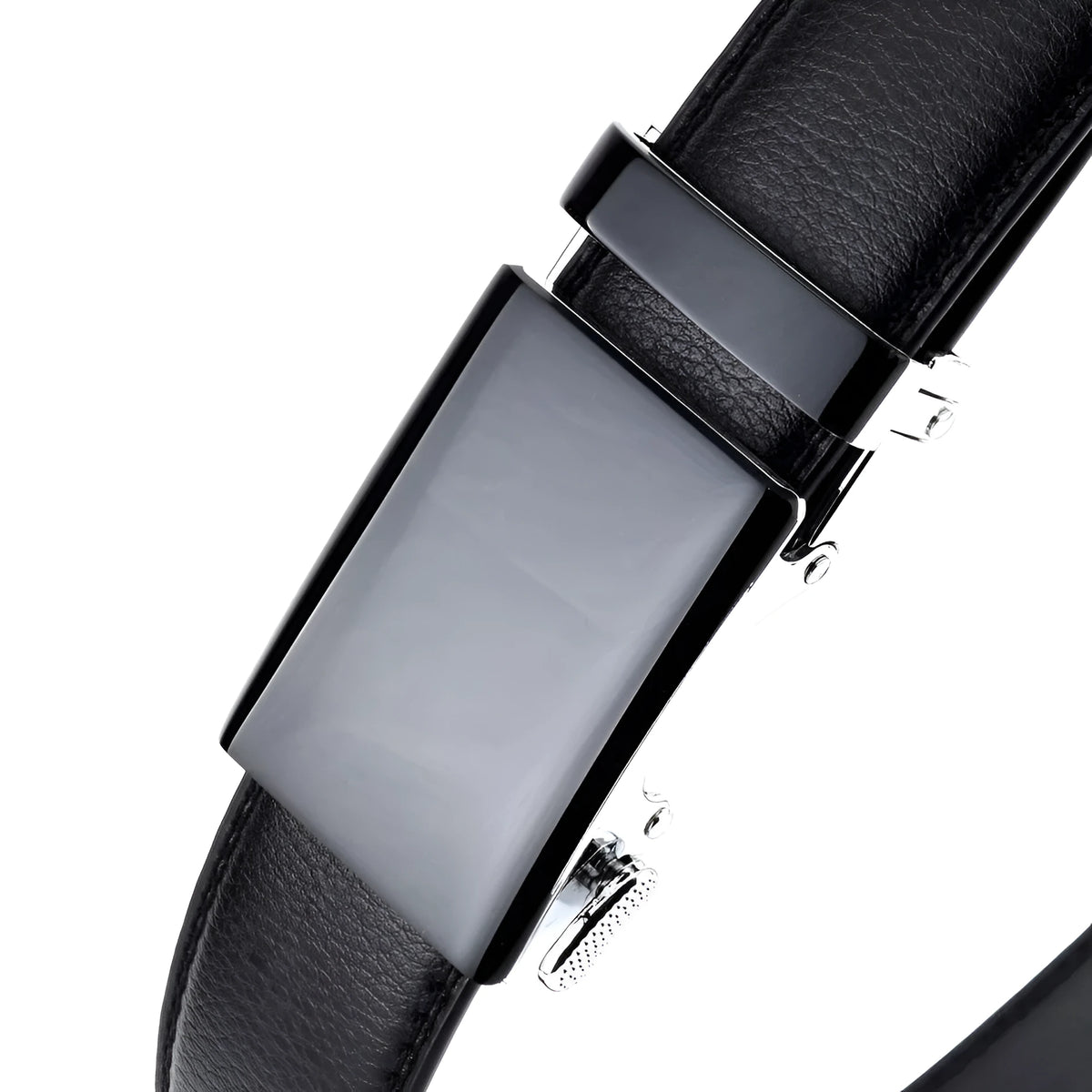 Men's cowhide automatic buckle business belt in black on a neutral background showing the buckle.
