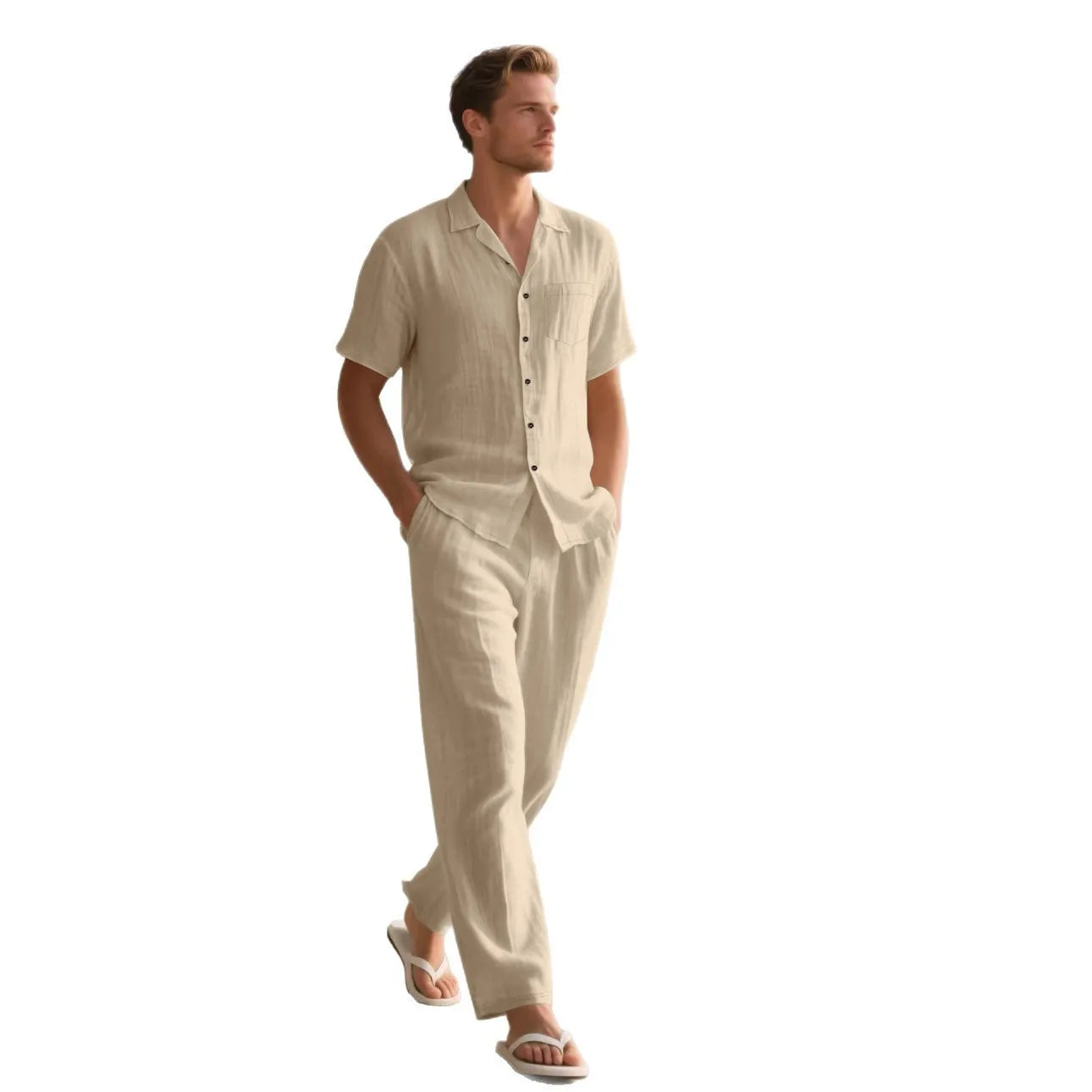 Two-piece casual linen-blend button polo beach suit with short sleeves and trousers in khaki colour