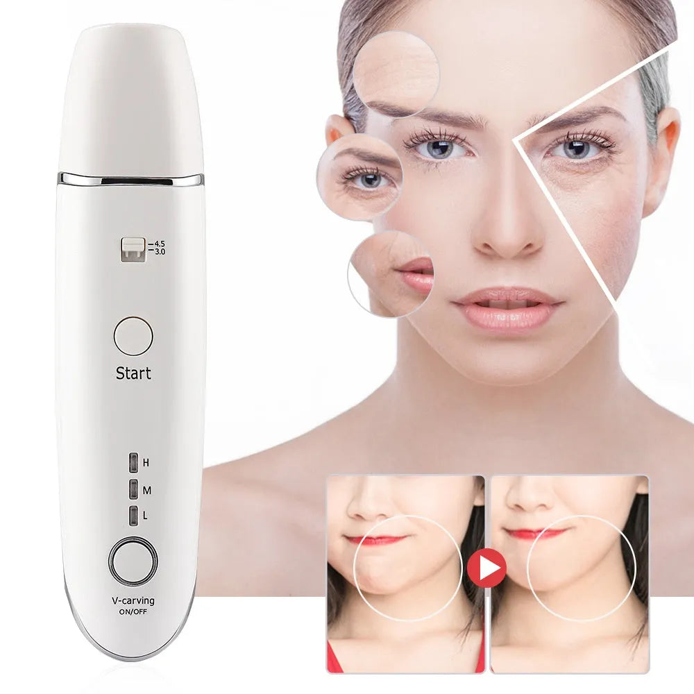 Wrinkle removal V-shape beauty device with RF HIFU, 20W, 17x4cm, ABS, includes syringe and adapter.