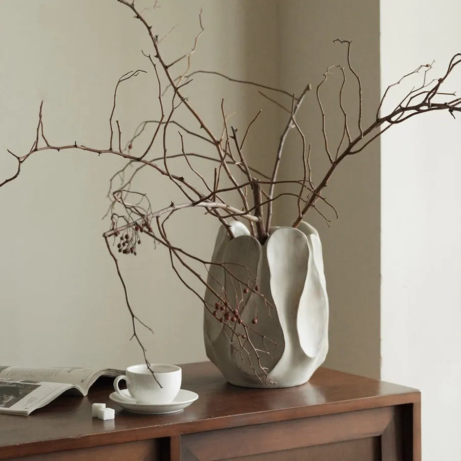 Irregular shaped art-style ceramic vase in magnesium clay for flower arrangements