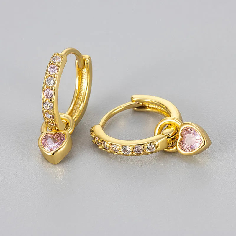 Women's heart-shaped zircon drop earrings with coloured gemstone centre and ear clip fastening