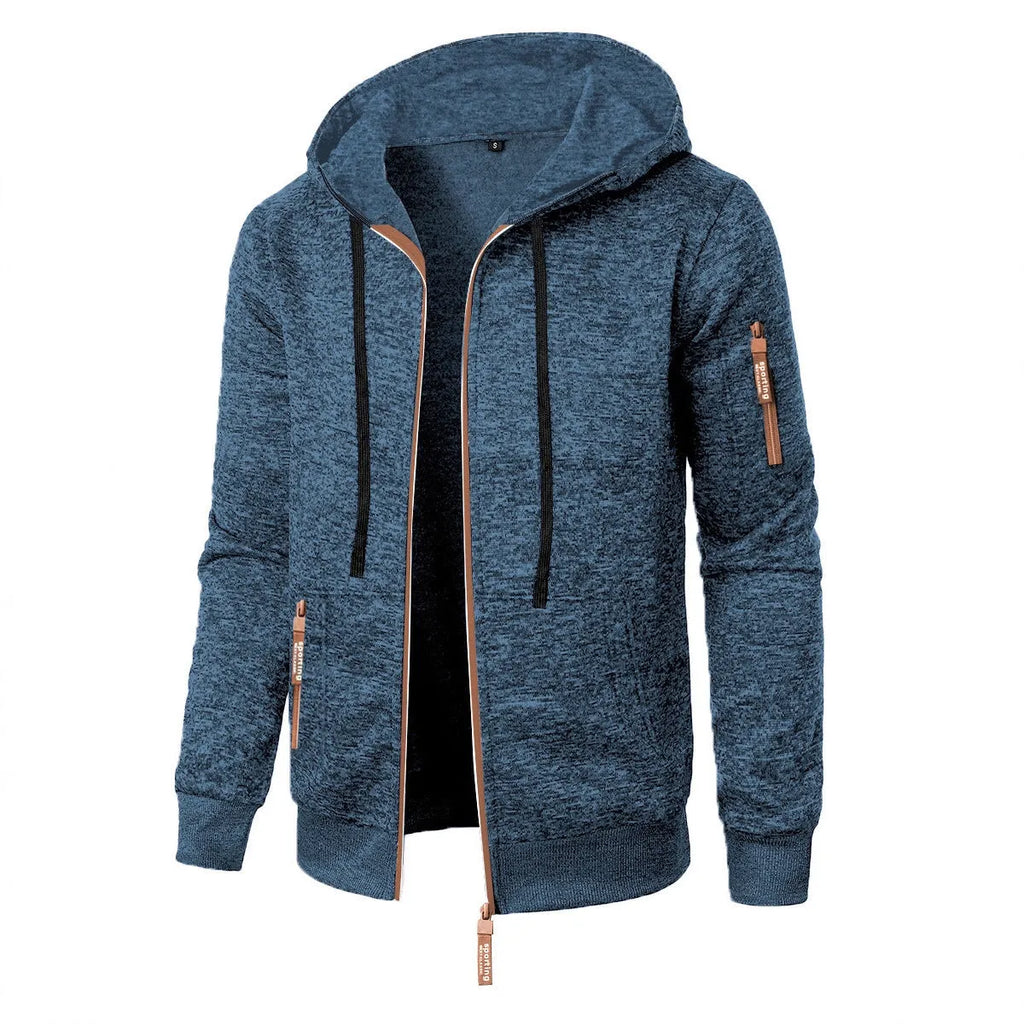 Men's polyester jacquard hooded coat, solid colour, straight cardigan style, sizes S to 3XL