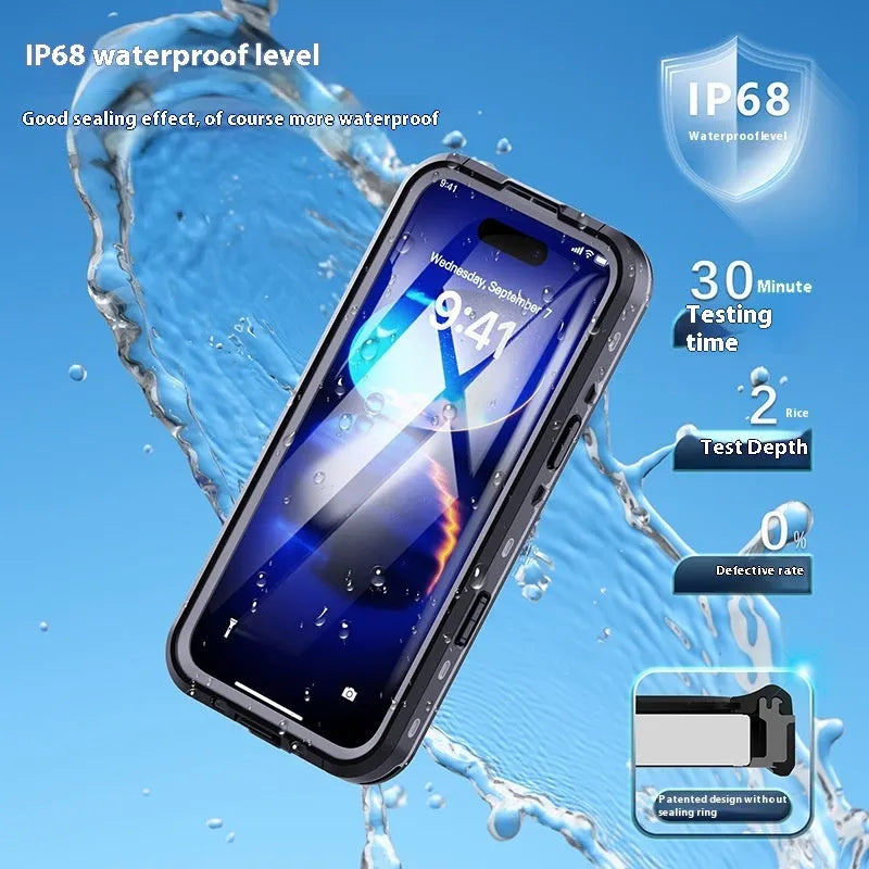 Waterproof phone case for swimming and diving compatible with iPhone 16 series in black and dark gray colour