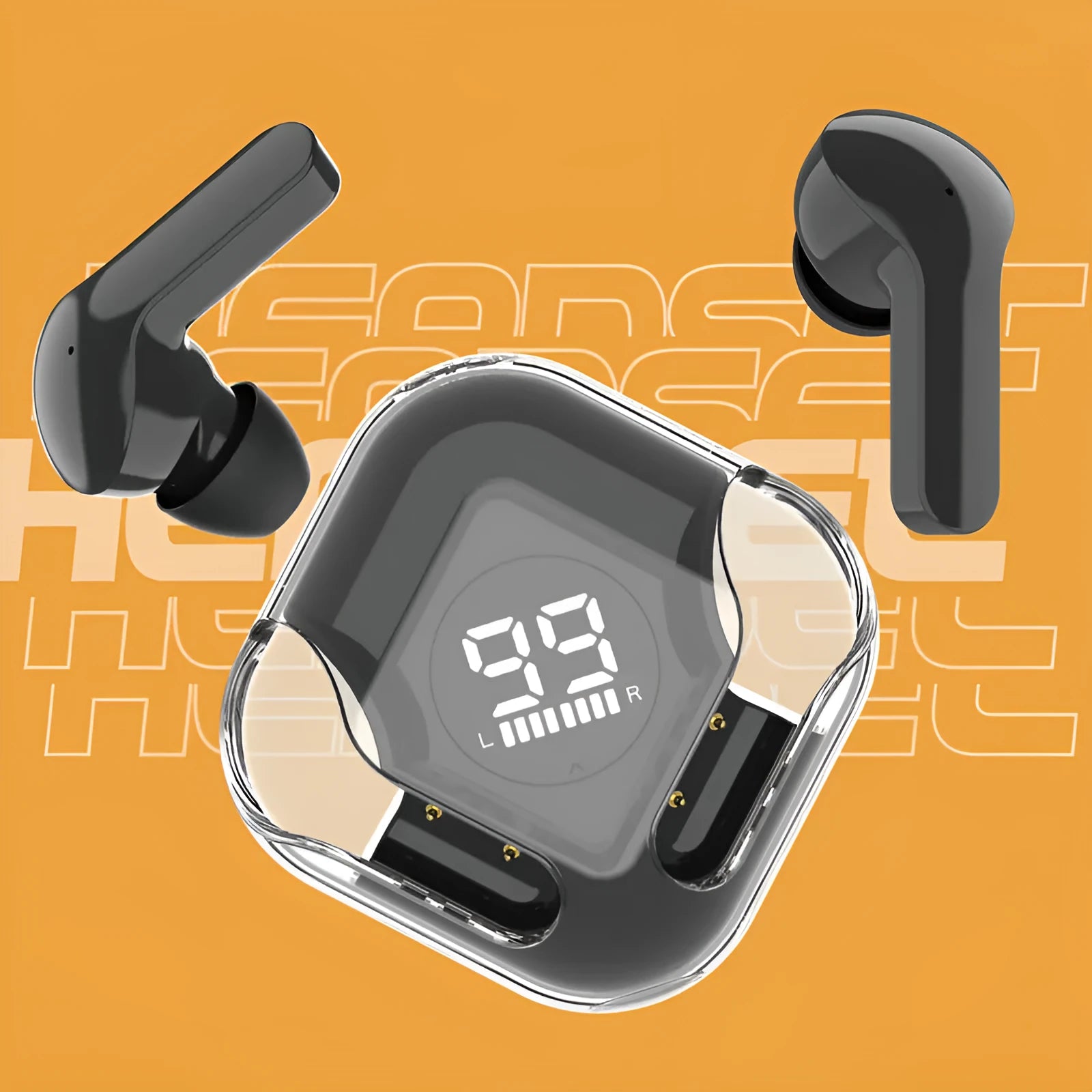 TWS wireless Bluetooth earphones in transparent white, black, pink, blue, and green colours with charging case