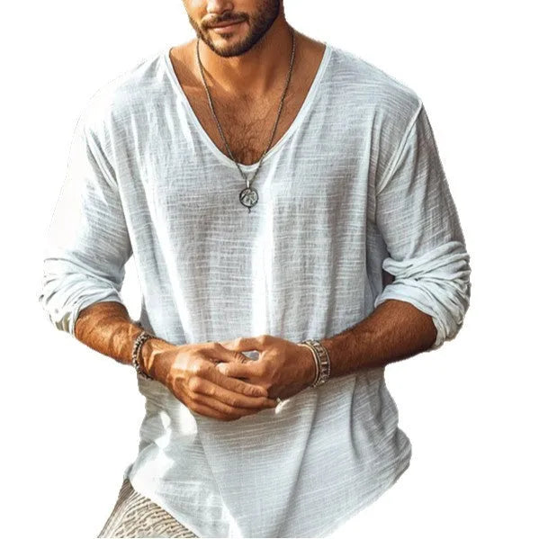 Beige V-neck long-sleeved slim-fit T-shirt made from hemp blend fabric