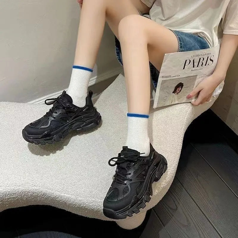 Women's thick bottom sports elevator shoes in black and beige with 6-8CM heel and cloth lining