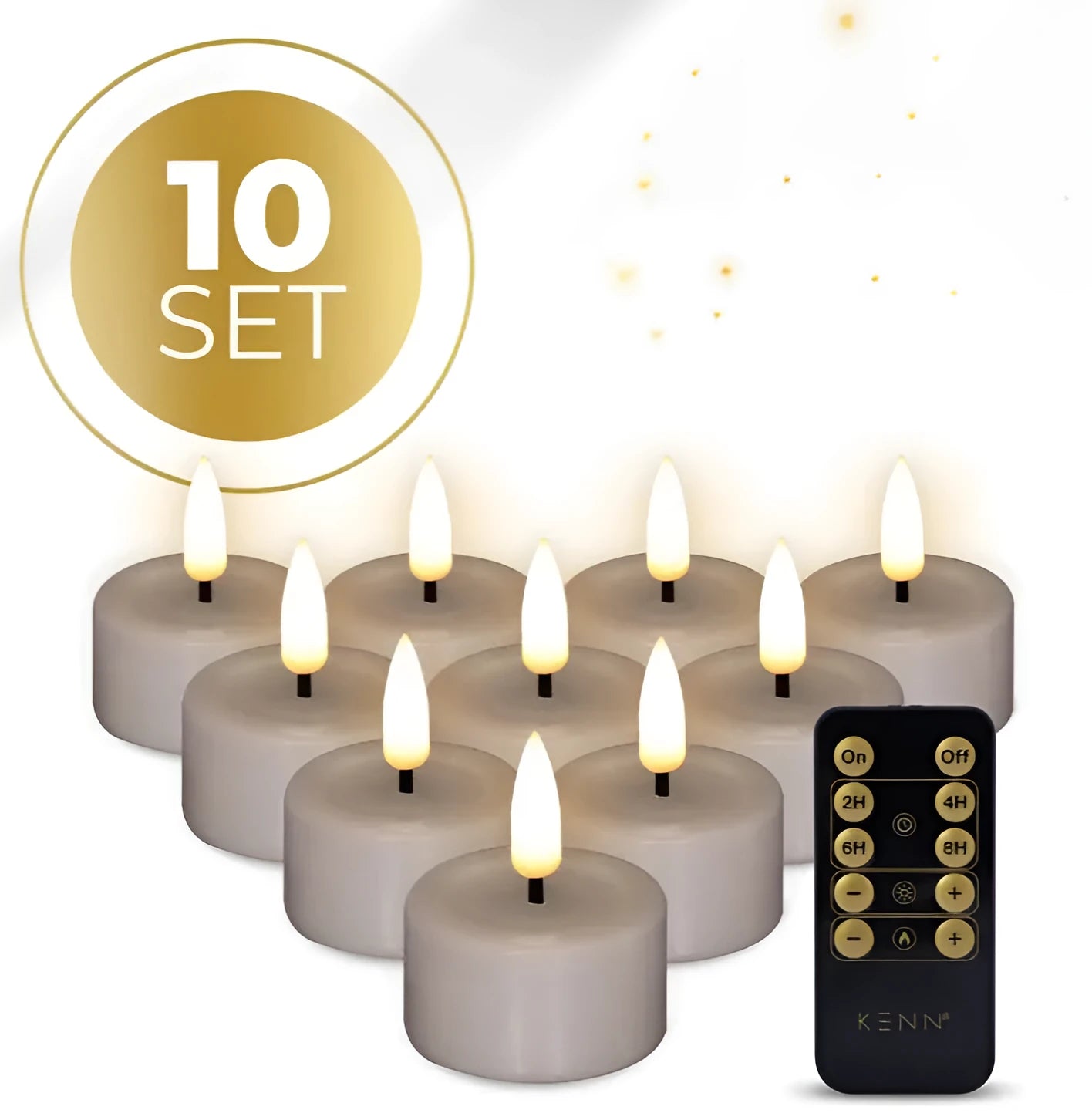 Four taupe-coloured LED tealight candles with a realistic 3D yellow flame effect on a dark surface.