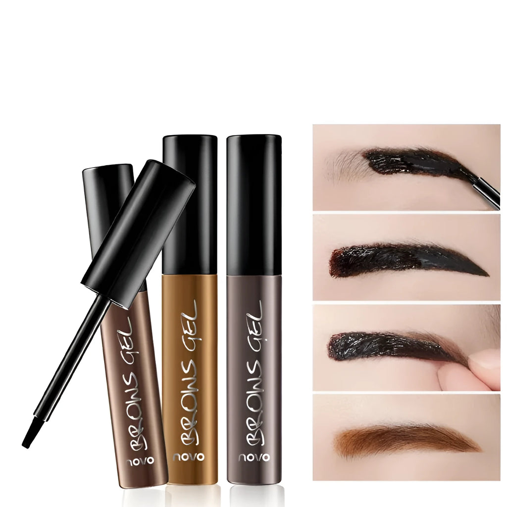 6g peel-off eyebrow tint gel tube with flat brush, available in Brown, Dark Brown and Gray Black