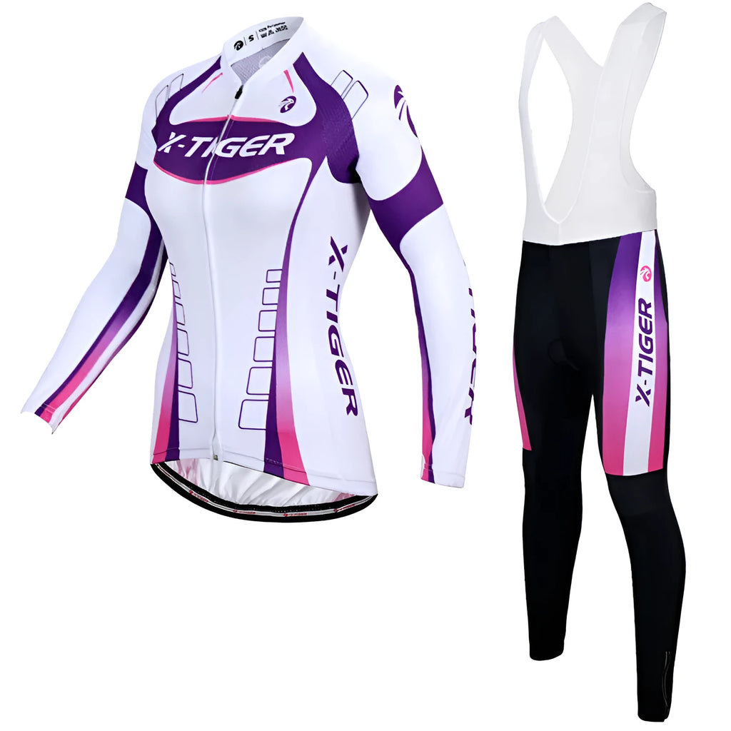 Women's long-sleeve cycling jersey suit in white and purple with full zipper and gel pad