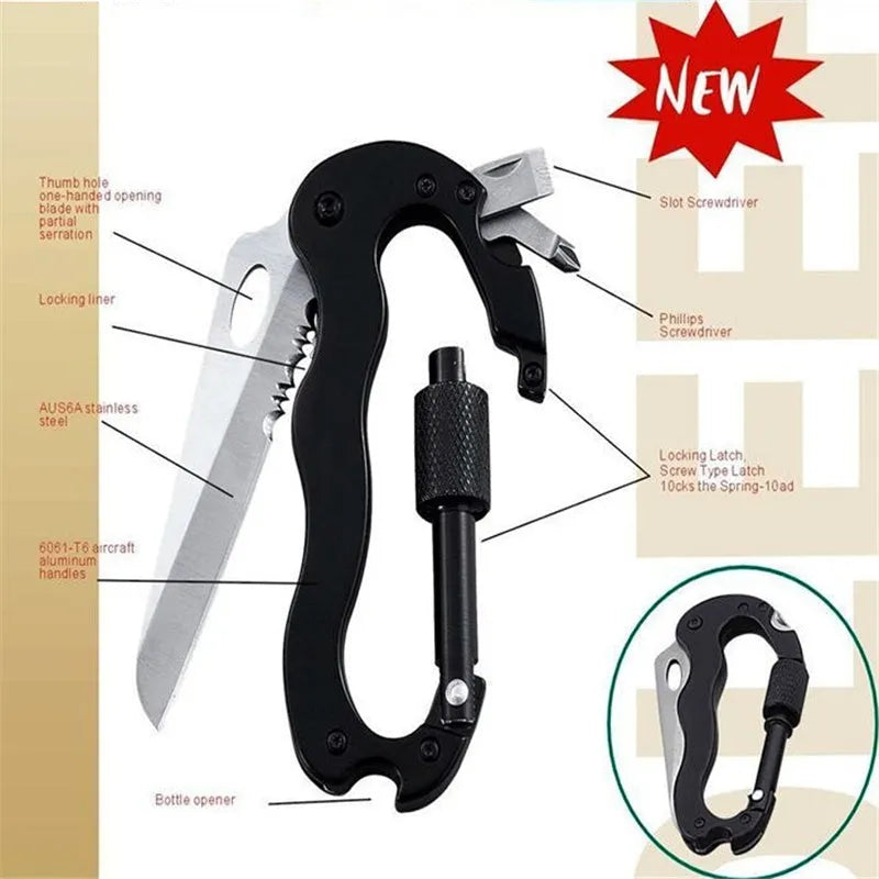 Multifunctional carabiner fast hanging buckle folding knife tool black aluminium alloy with 7.5cm blade