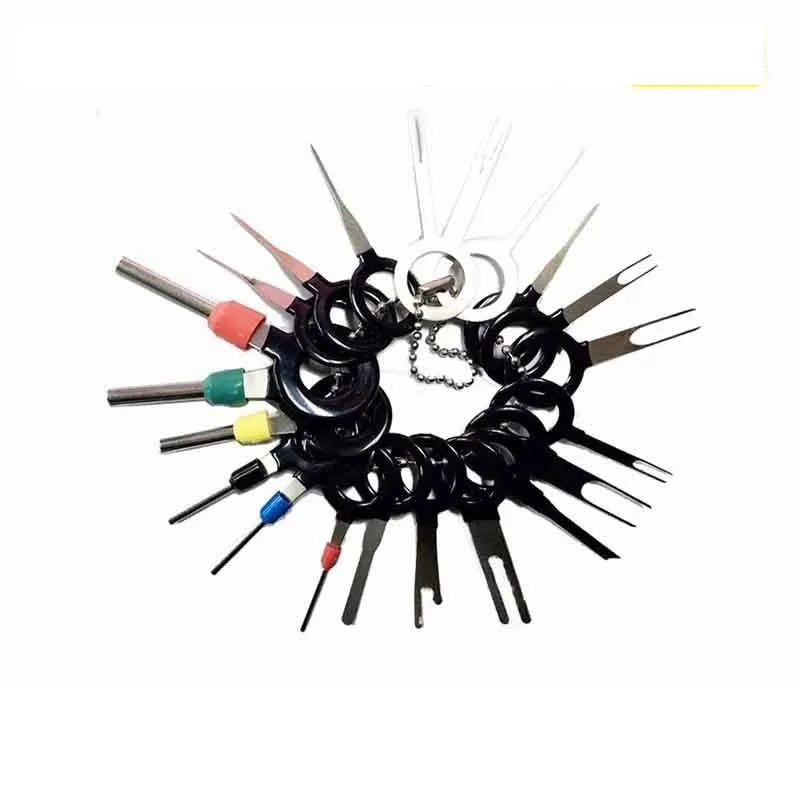 Set of steel needle retractors with colour-coded handles for automotive wire removal in mechanical repair