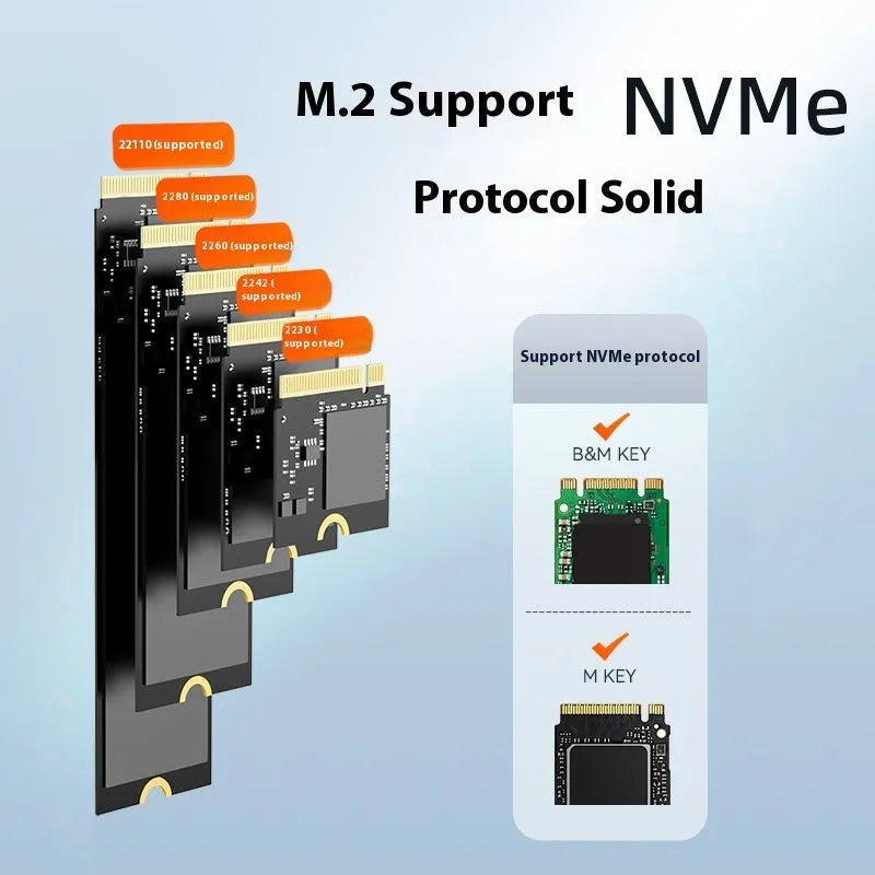 Black external NVME to USB-C SSD enclosure with 10Gbps speed on a desk.