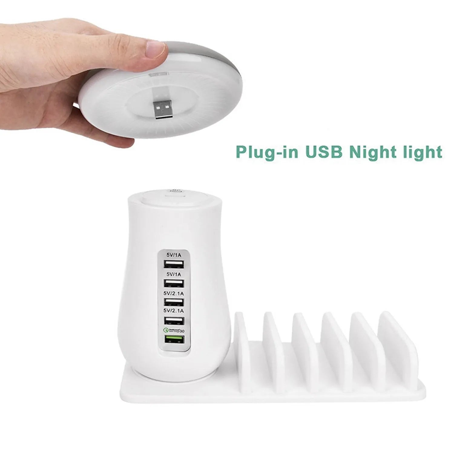 Mushroom-shaped white LED desk lamp with 5 USB charging ports for tablets and smartphones
