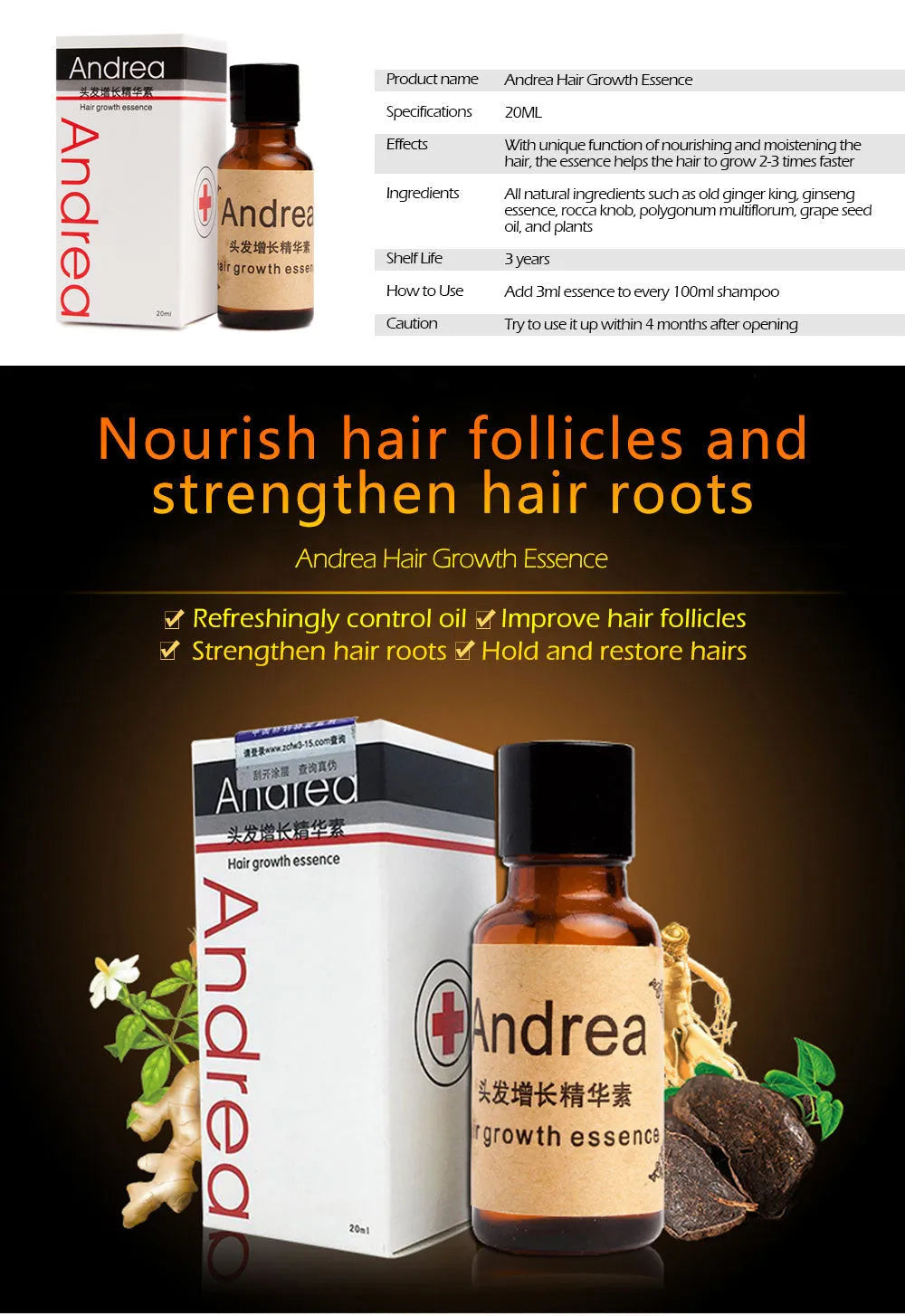 20ml bottle of hair growth liquid with ginger and ginseng natural ingredients for dense hair