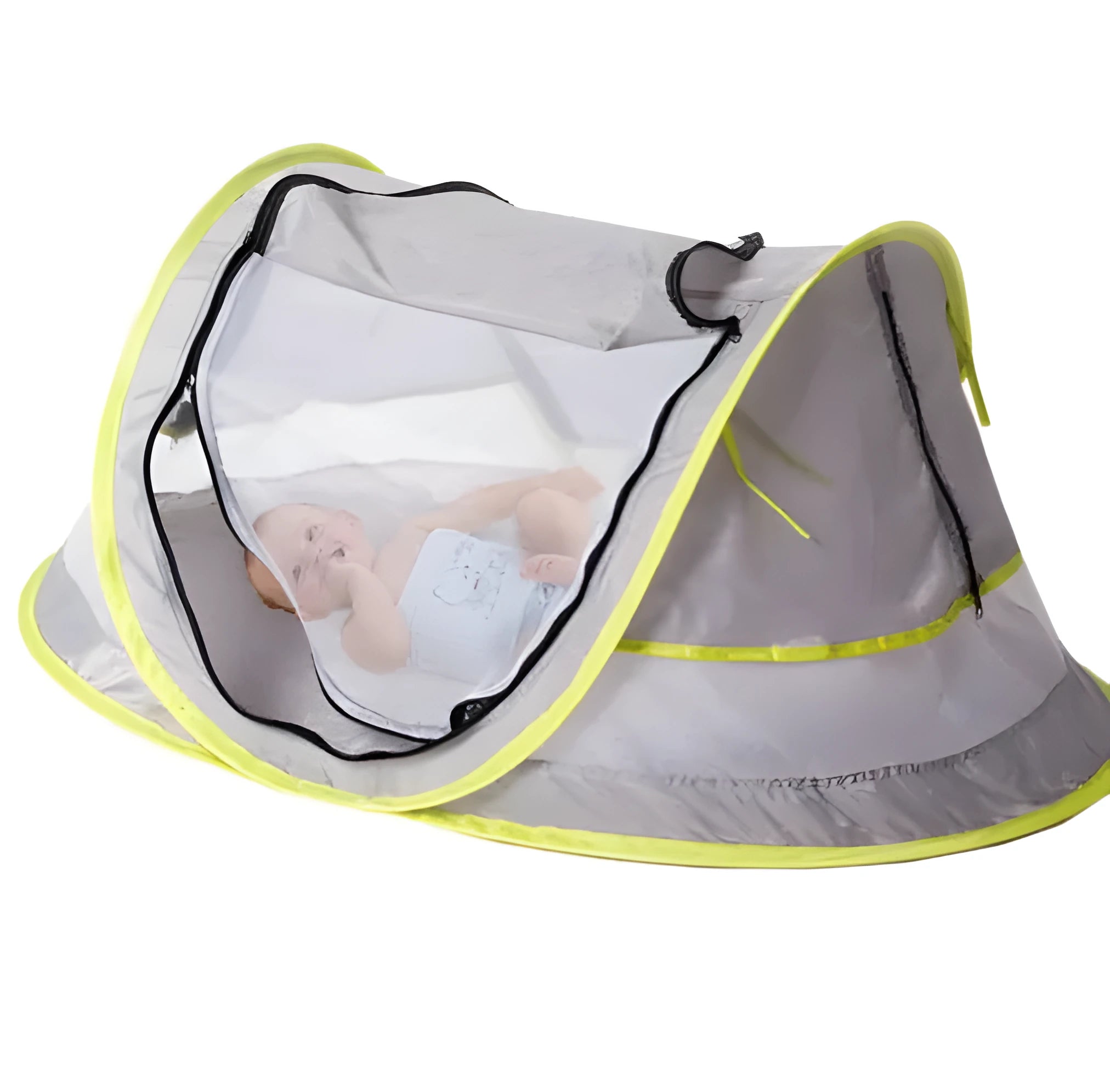 Grey children's beach tent with fiberglass frame and Oxford cloth outer, set up on sand