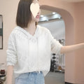 Women's crochet hollow longsuit undershirt in blue colour with hooded pullover design