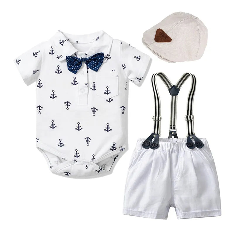 Blue and white cotton triangle romper for baby boy with printed gentleman clothes design