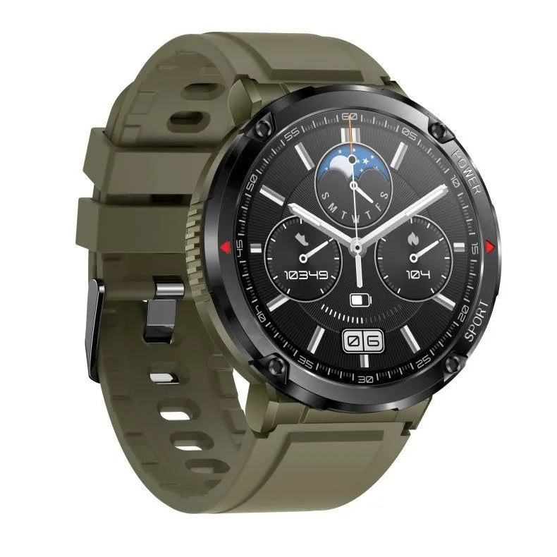 T30 smart watch with black silicone strap showing IPS touch screen displaying heart rate data