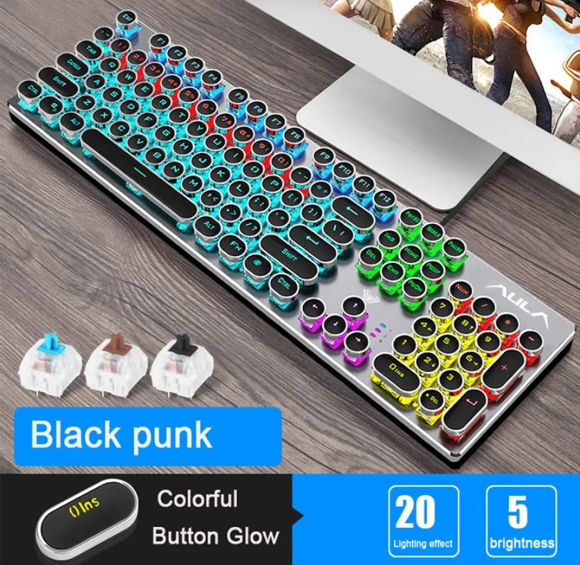 Steampunk wired mechanical keyboard with gold-plated keycaps and metal panel, black blue colour