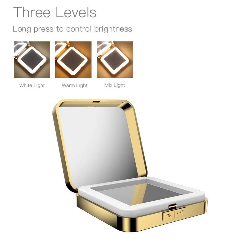 Black and white lighted makeup mirror showing magnifying side and adjustable LED light controls.