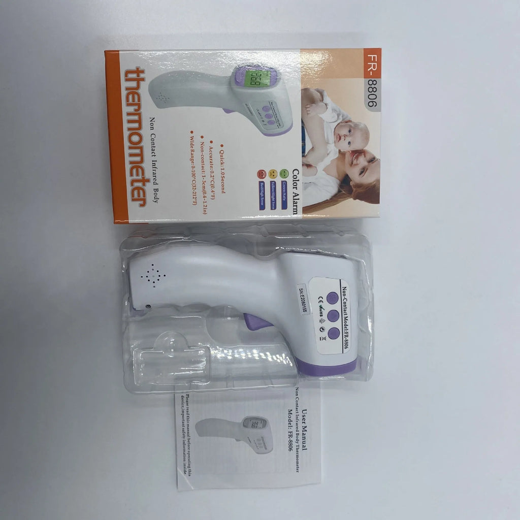 White handheld digital non-contact thermometer on a plain background.