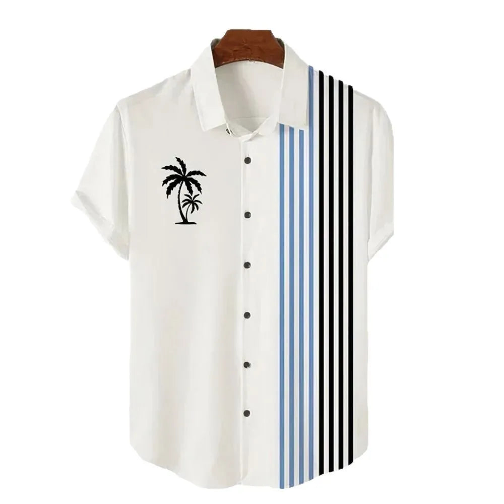 Man wearing a short-sleeved Hawaiian shirt with a colourful 3D printed pattern, suitable for casual summer wear.