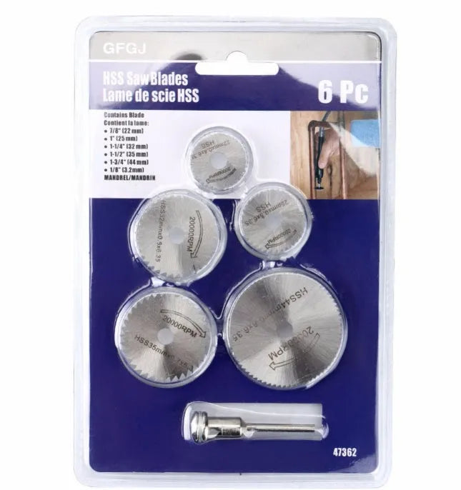 Six circular saw blades with mandrels for woodworking cutting, showing high-speed steel construction