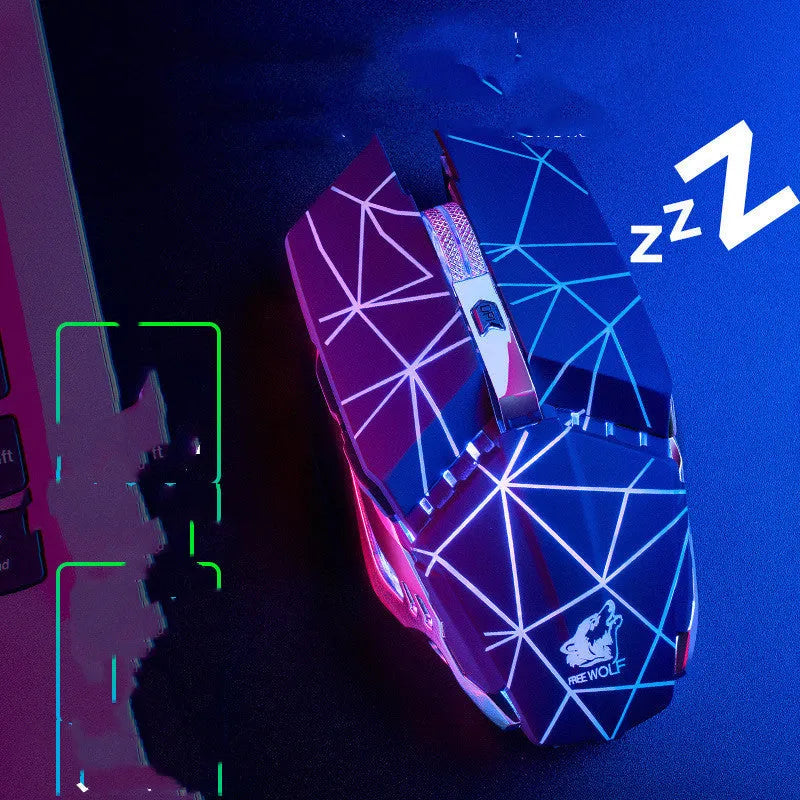 Rechargeable black wireless gaming mouse with six buttons and scroll wheel on a mouse pad