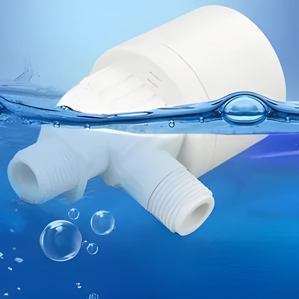 White nylon automatic float valve with threaded connection for purified water level control.