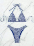 Women's floral halter bikini set with matching shorts in red, sky blue, sapphire blue or emerald green