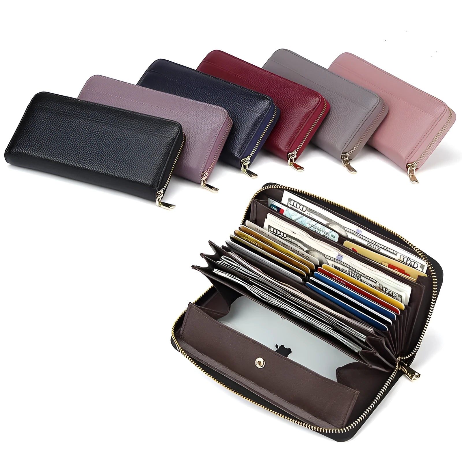 Genuine leather long women's wallet in solid colour with anti-theft card function