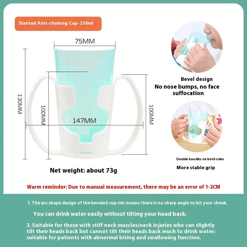 Bedside drinking cup with slanted mouth, handle, and optional wrist splint for adult care