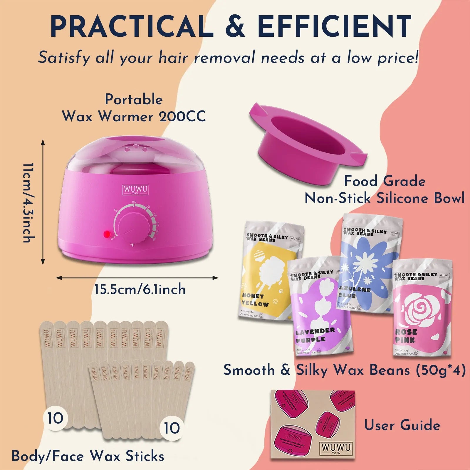 27 piece hair removal waxing kit with digital warmer, four coloured wax bead pots, and applicator sticks