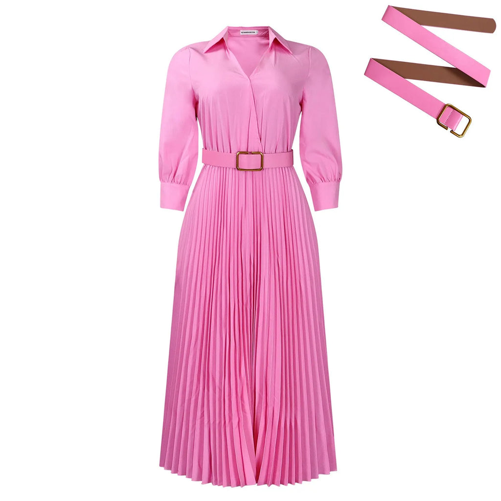 Women's high waist pleated swing dress with three-quarter sleeves in solid colour for office wear