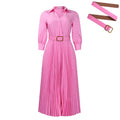 Women's high waist pleated swing dress with three-quarter sleeves in solid colour for office wear
