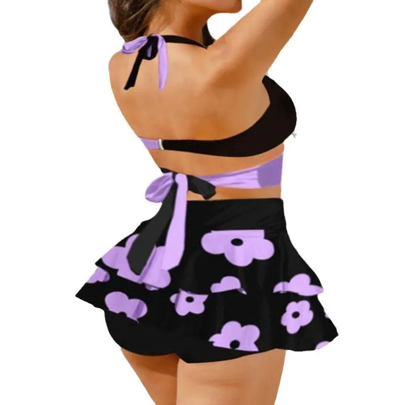 Women's purple high-waisted skirt bikini set with lace-up backless design for swimming