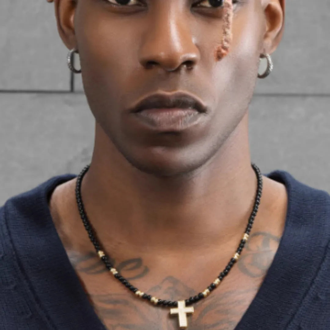 Men's hip-hop retro black agate cross necklace with 8cm extension chain in 45cm or 50cm length