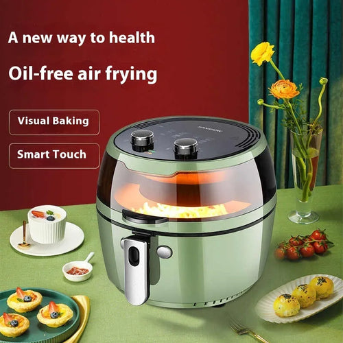8-litre ceramic air fryer oven with visible cooking window and mechanical button controls